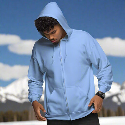 Front View, Carolina Blue, Valkyrie Mens Zip Up Hoodie Ride Or Die. Zipped Hoodie with a pocket on each side of zipper, hood is up and draw strings hang down on each side in the same color as the hoodie.