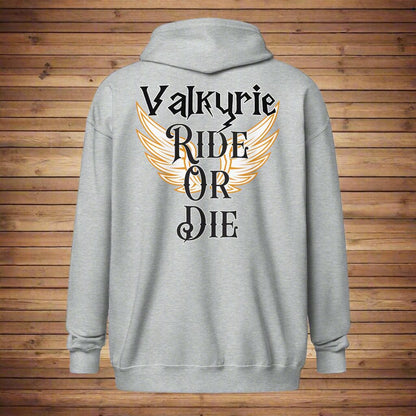 Back View, sport grey, Valkyrie Mens Zip Up Hoodie Ride Or Die hanging against a wood wall. Hoodie features print on the back. White Valkyrie wings edged in gold spread to each side. Through the middle is the text in black edged in white, "Valkyrie Ride or Die".