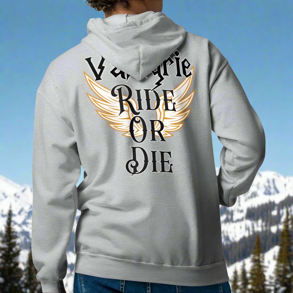 Back View, sport grey, Valkyrie Mens Zip Up Hoodie Ride Or Die. Hoodie features print on the back. White Valkyrie wings edged in gold spread to each side. Through the middle is the text in black edged in white, "Valkyrie Ride or Die".