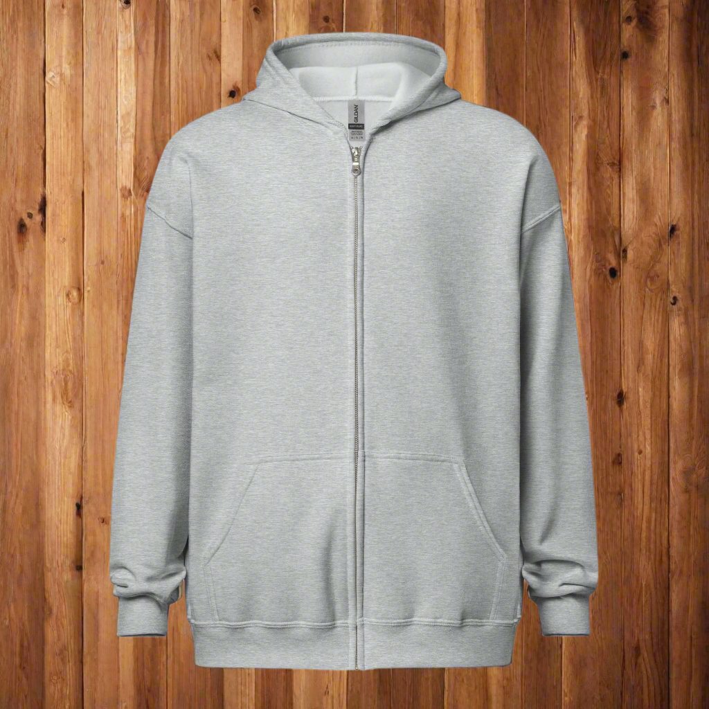 Front View, Sport Grey, Valkyrie Mens Zip Up Hoodie Ride Or Die hanging up against a wood wall. Zipped Hoodie with a pocket on each side of zipper, hood is up and draw strings hang down on each side in the same color as the hoodie.