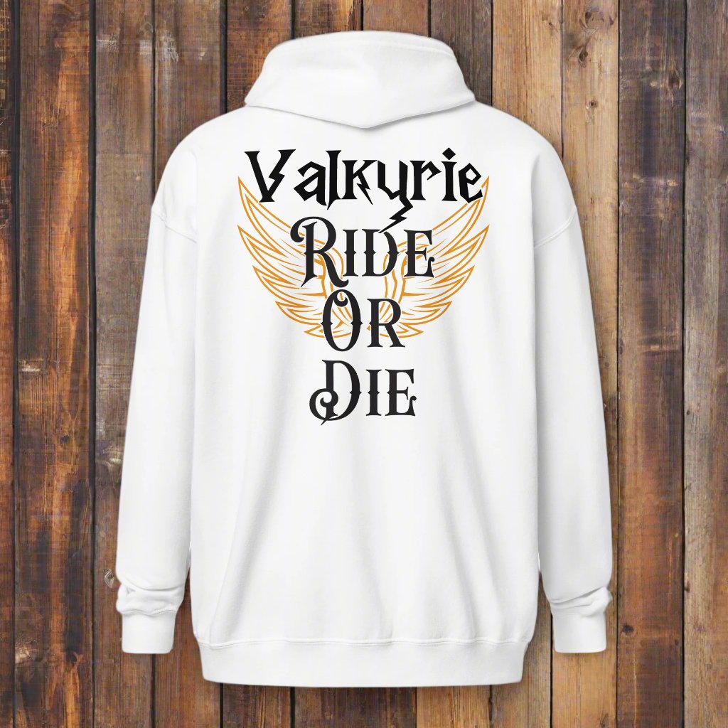 Back View, white, Valkyrie Mens Zip Up Hoodie Ride Or Die hanging against a wood wall. Hoodie features print on the back. White Valkyrie wings edged in gold spread to each side. Through the middle is the text in black edged in white, "Valkyrie Ride or Die".