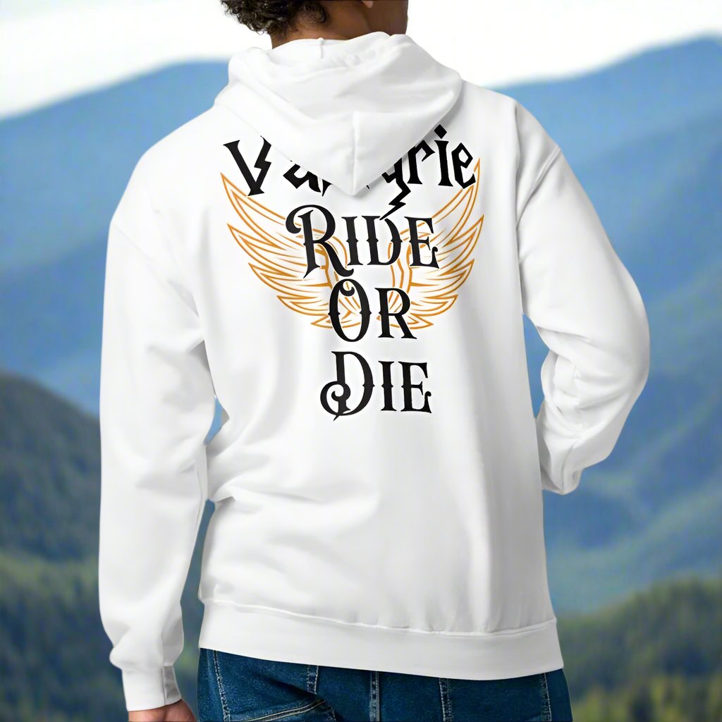 Back View, white, Valkyrie Mens Zip Up Hoodie Ride Or Die. Hoodie features print on the back. White Valkyrie wings edged in gold spread to each side. Through the middle is the text in black edged in white, "Valkyrie Ride or Die".