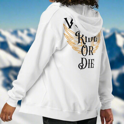 Back Left View white Women's Unisex Valkyrie Viking Zip Up Hoodie. Back of Hoodie has white Valkyrie wings edged in gold spread to each side. Down the middle in Black Text edged in white, "Valkyrie Ride or Die"