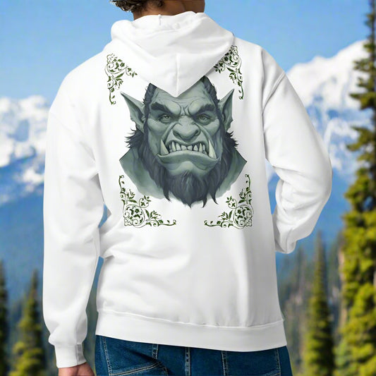 Orc Men's zip up hoodie, white, front view. Flower corner borders in dark grey green frame a monochrome image of a fierce Orc. Bearded, tusk like teeth, and pointed ears 