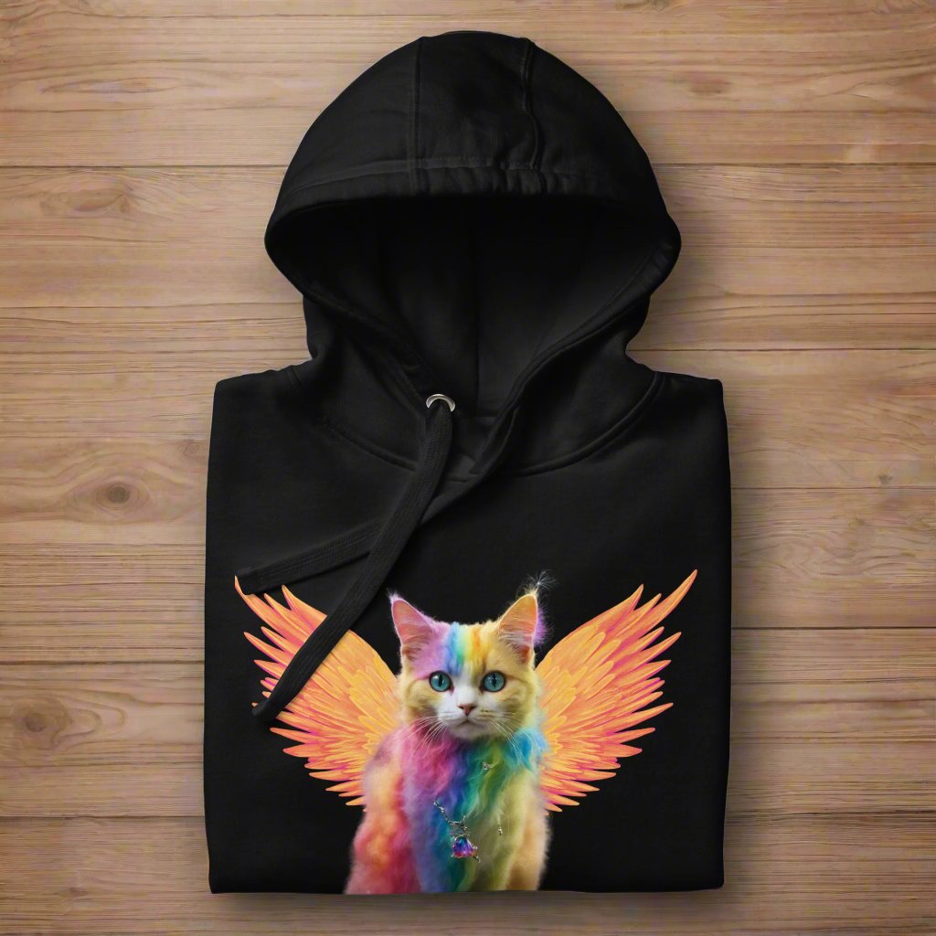 black Front View Men's Hoodie folded on wooden surface, Rainbow Colored Tie Dye Cat with  orange gold wings. Pop Art Cat, Fantasy Art, Fairycore Cat TShirt gifts for cat lover and cat dad shirt, whimsical fantasy magic rainbow fairy cat