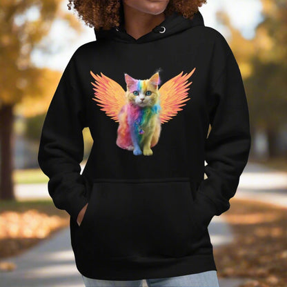 Black Front View women's hoodie Rainbow Colored Tie Dye Cat with bright orange gold wings. Pop Art Cat, Fantasy Art, Fairycore Cat sweatshirt gifts for cat lover and cat mom shirt, whimsical fantasy magic rainbow fairy cat