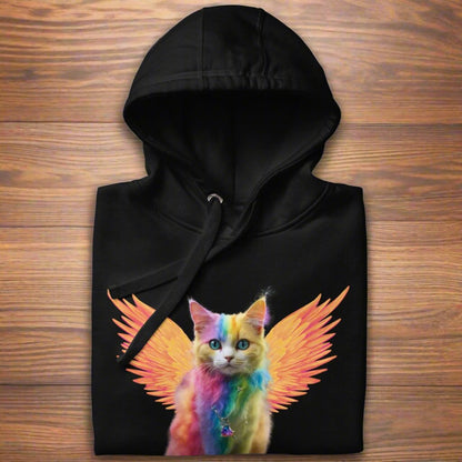 Black folded Front View women's hoodie on a women's surface, Rainbow Colored Tie Dye Cat with bright orange gold wings. Pop Art Cat, Fantasy Art, Fairycore Cat sweatshirt gifts for cat lover and cat mom shirt, whimsical fantasy magic rainbow fairy cat