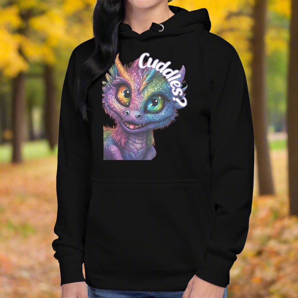 Black Women's Hoodie Front View. Purple cross eyed baby dragon. Text above dragon circling head "Cuddles?". 