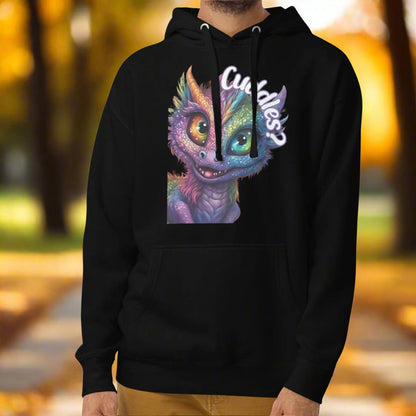 black Men's Hoodie Front View. Purple cross eyed baby dragon. Text above dragon circling head "Cuddles?". 