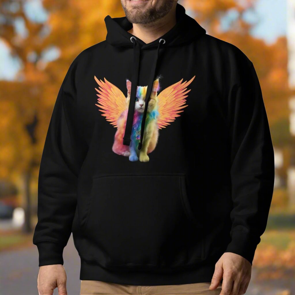 black Front View Men's Hoodie Rainbow Colored Tie Dye Cat with  orange gold wings. Pop Art Cat, Fantasy Art, Fairycore Cat TShirt gifts for cat lover and cat dad shirt, whimsical fantasy magic rainbow fairy cat