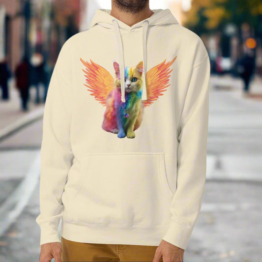 bone Front View Men's Hoodie Rainbow Colored Tie Dye Cat with  orange gold wings. Pop Art Cat, Fantasy Art, Fairycore Cat TShirt gifts for cat lover and cat dad shirt, whimsical fantasy magic rainbow fairy cat