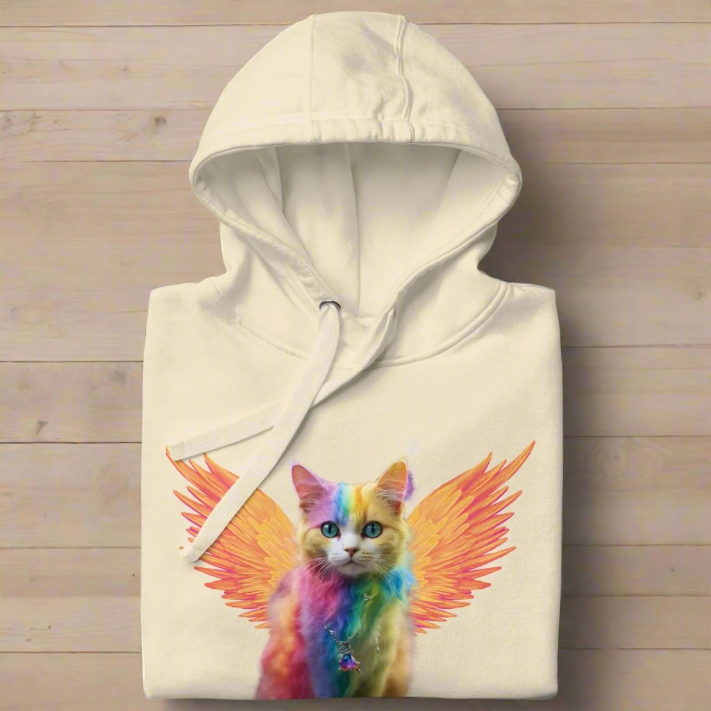 bone Front View Men's Hoodie folded on a wooden counter, Rainbow Colored Tie Dye Cat with  orange gold wings. Pop Art Cat, Fantasy Art, Fairycore Cat TShirt gifts for cat lover and cat dad shirt, whimsical fantasy magic rainbow fairy cat