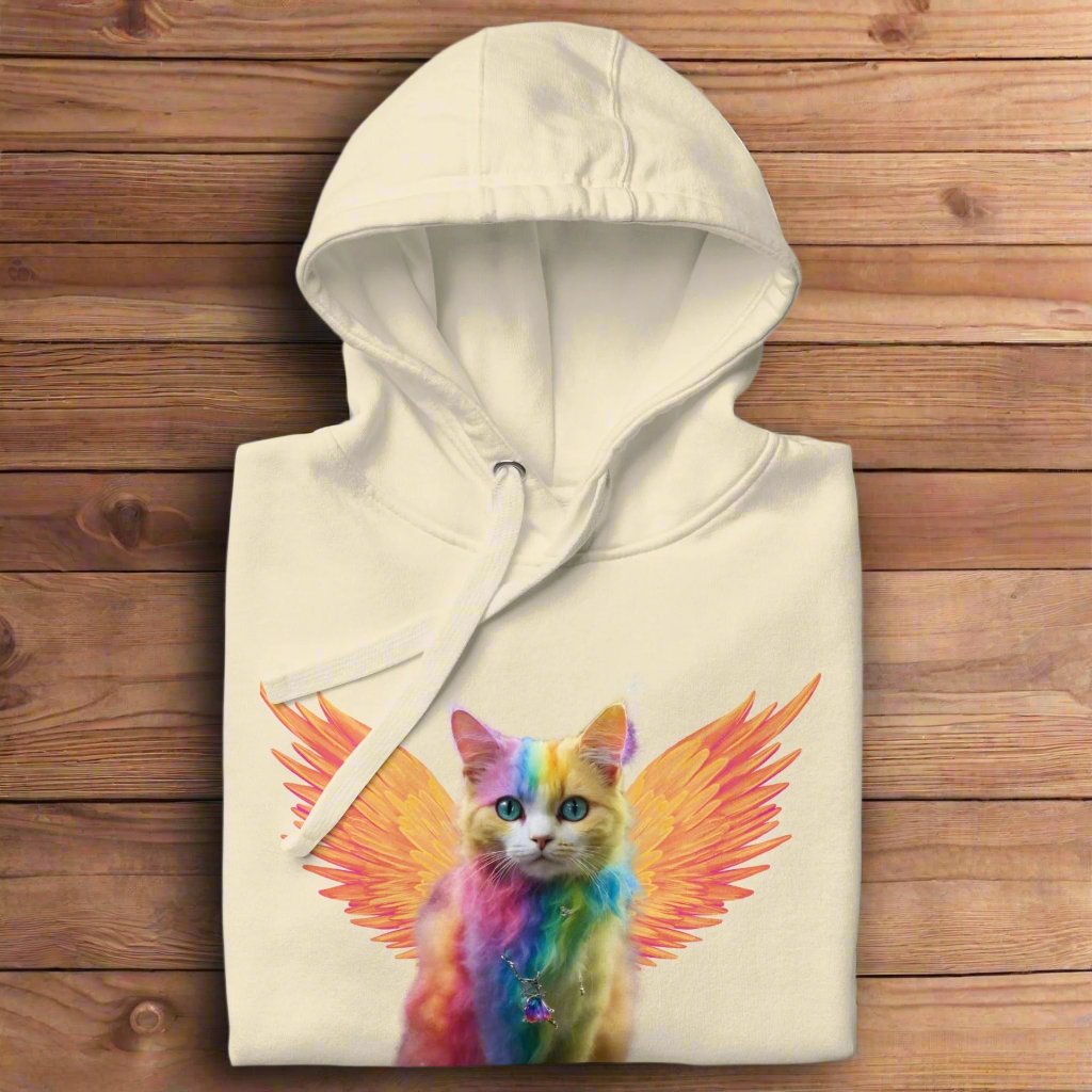 bone folded Front View women's hoodie on a wooden surface Rainbow Colored Tie Dye Cat with bright orange gold wings. Pop Art Cat, Fantasy Art, Fairycore Cat sweatshirt gifts for cat lover and cat mom shirt, whimsical fantasy magic rainbow fairy cat