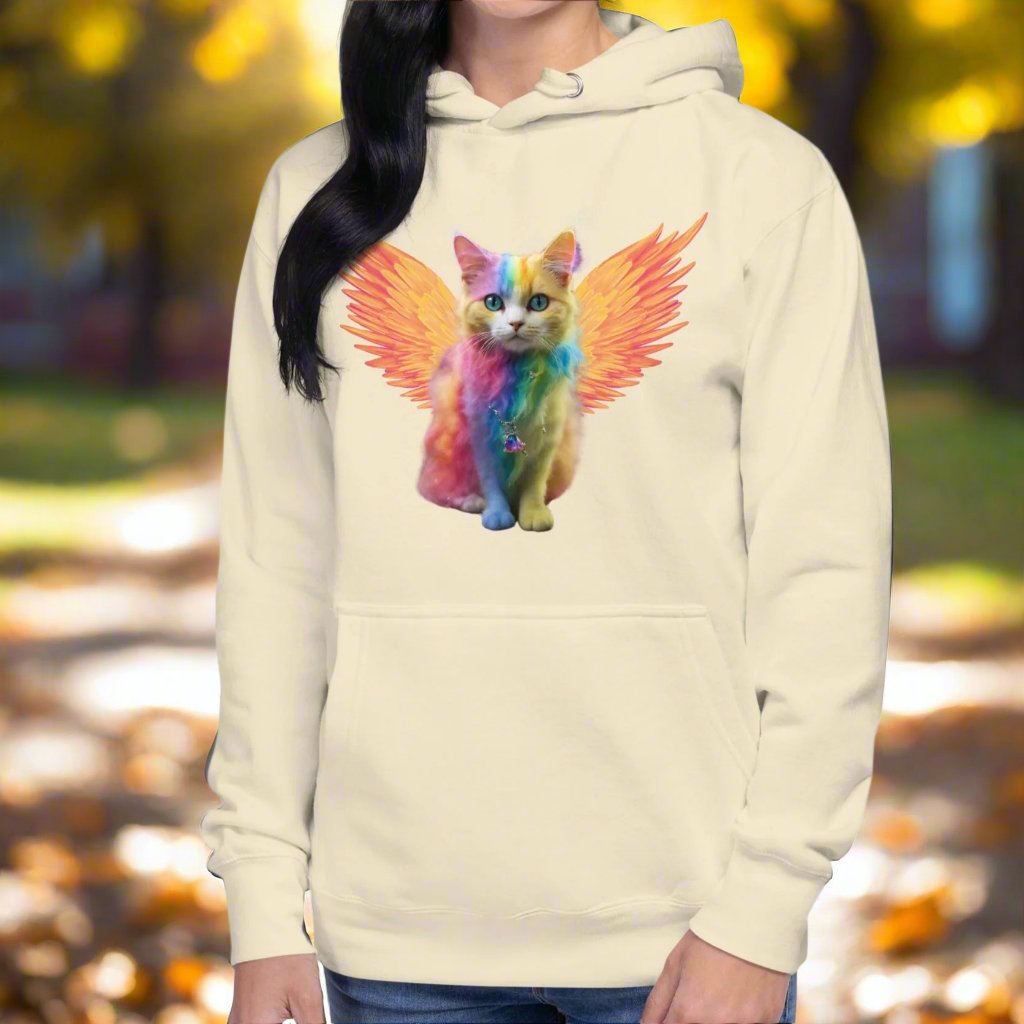 bone Front View women's hoodie Rainbow Colored Tie Dye Cat with bright orange gold wings. Pop Art Cat, Fantasy Art, Fairycore Cat sweatshirt gifts for cat lover and cat mom shirt, whimsical fantasy magic rainbow fairy cat