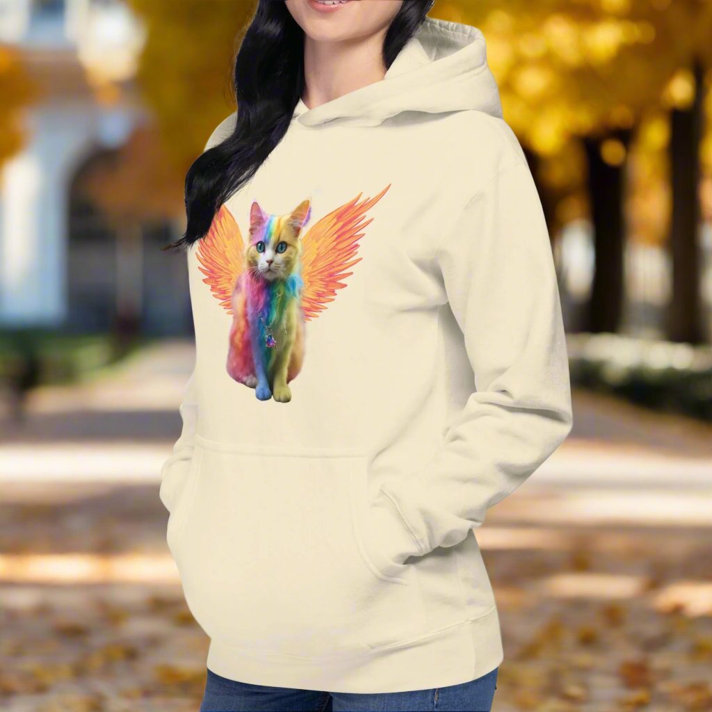 bone left side View women's hoodie Rainbow Colored Tie Dye Cat with bright orange gold wings. Pop Art Cat, Fantasy Art, Fairycore Cat sweatshirt gifts for cat lover and cat mom shirt, whimsical fantasy magic rainbow fairy cat