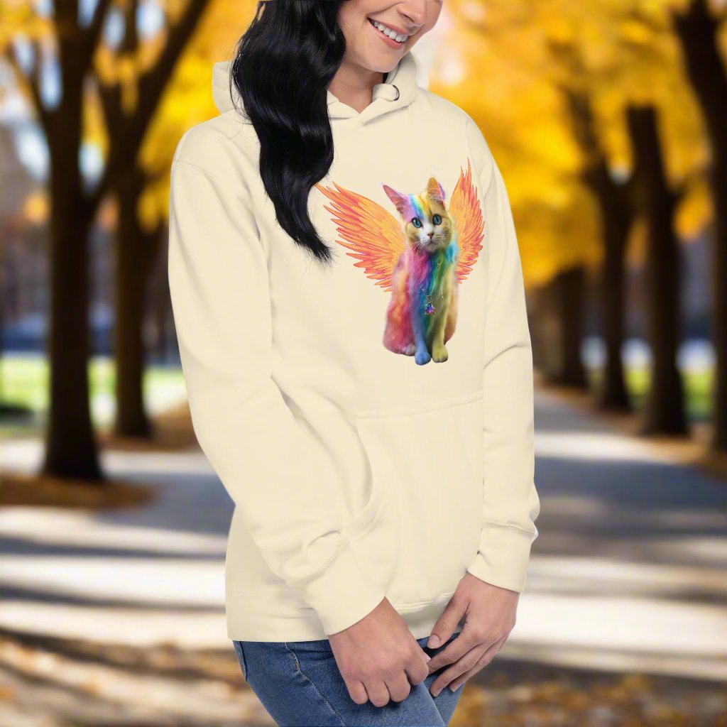 bone right Front View women's hoodie Rainbow Colored Tie Dye Cat with bright orange gold wings. Pop Art Cat, Fantasy Art, Fairycore Cat sweatshirt gifts for cat lover and cat mom shirt, whimsical fantasy magic rainbow fairy cat