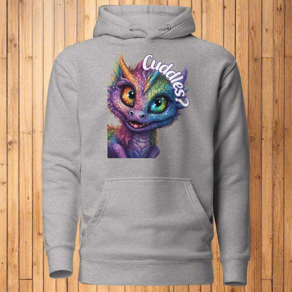 carbon grey Men's Hoodie Front View not on model. Purple cross eyed baby dragon. Text above dragon circling head "Cuddles?". 