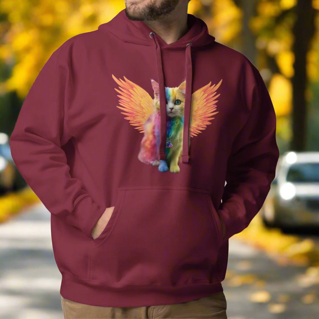 maroon Front View Men's Hoodie Rainbow Colored Tie Dye Cat with  orange gold wings. Pop Art Cat, Fantasy Art, Fairycore Cat TShirt gifts for cat lover and cat dad shirt, whimsical fantasy magic rainbow fairy cat