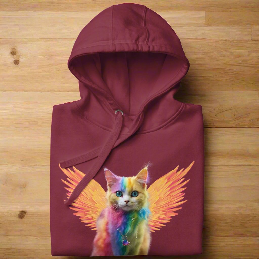 maroon Front View Men's Hoodie folded on a wooden surface Rainbow Colored Tie Dye Cat with  orange gold wings. Pop Art Cat, Fantasy Art, Fairycore Cat TShirt gifts for cat lover and cat dad shirt, whimsical fantasy magic rainbow fairy cat