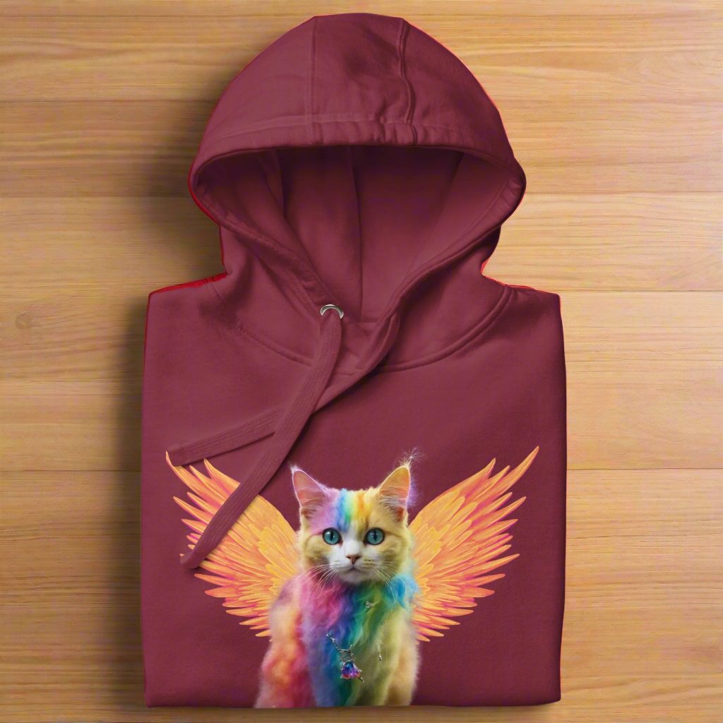 maroon folded women's hoodie on a wooden surface Rainbow Colored Tie Dye Cat with bright orange gold wings. Pop Art Cat, Fantasy Art, Fairycore Cat sweatshirt gifts for cat lover and cat mom shirt, whimsical fantasy magic rainbow fairy cat