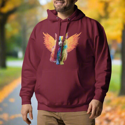 maroon Front View Men's Hoodie Rainbow Colored Tie Dye Cat with  orange gold wings. Pop Art Cat, Fantasy Art, Fairycore Cat TShirt gifts for cat lover and cat dad shirt, whimsical fantasy magic rainbow fairy cat