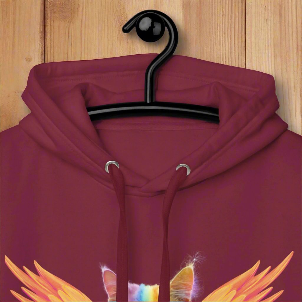 maroon up close Front View Men's Hoodie showing the top of the neck with strings and silver toned grommets, Rainbow Colored Tie Dye Cat with  orange gold wings. Pop Art Cat, Fantasy Art, Fairycore Cat TShirt gifts for cat lover and cat dad shirt, whimsical fantasy magic rainbow fairy cat