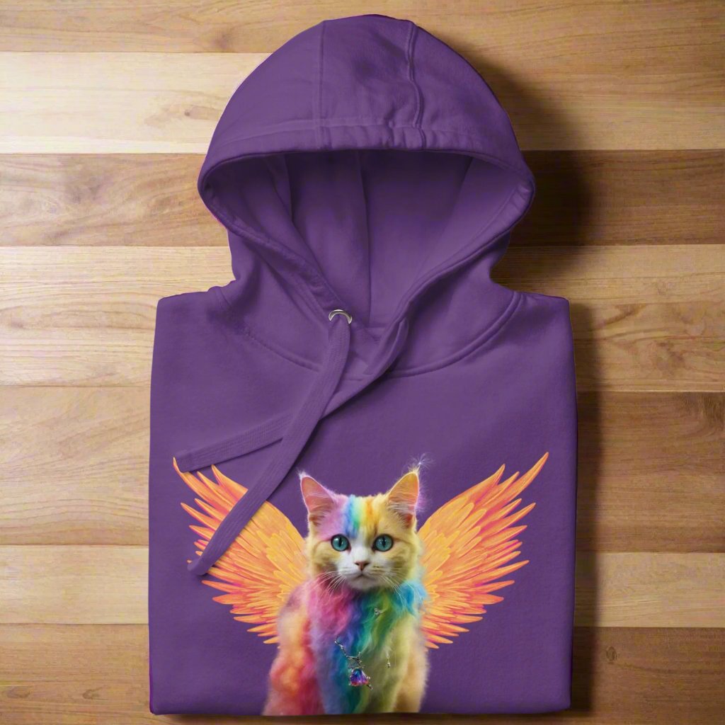 Purple Front View Men's Hoodie folded on a wooden surface, Rainbow Colored Tie Dye Cat with  orange gold wings. Pop Art Cat, Fantasy Art, Fairycore Cat TShirt gifts for cat lover and cat dad shirt, whimsical fantasy magic rainbow fairy cat