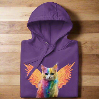 Purple Front View Men's Hoodie folded on a wooden surface, Rainbow Colored Tie Dye Cat with  orange gold wings. Pop Art Cat, Fantasy Art, Fairycore Cat TShirt gifts for cat lover and cat dad shirt, whimsical fantasy magic rainbow fairy cat