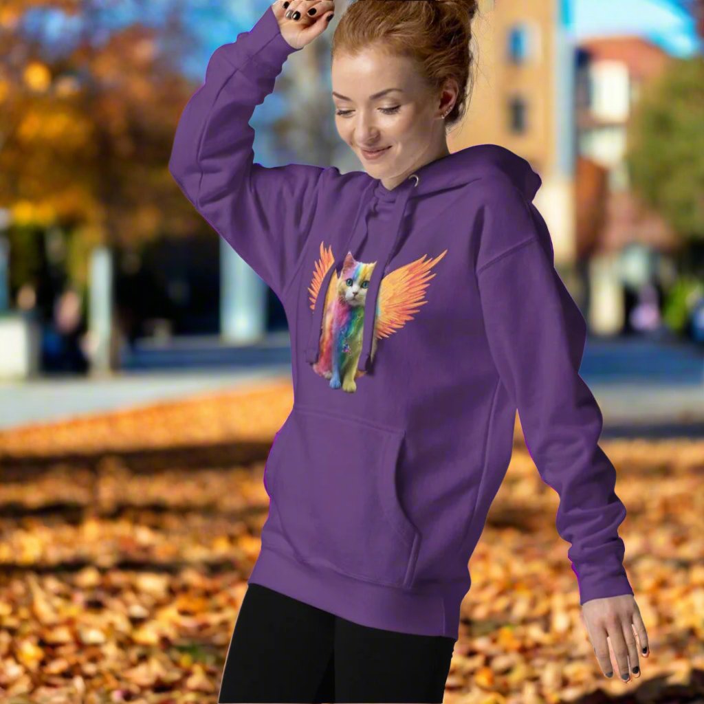 purple Front View women's hoodie Rainbow Colored Tie Dye Cat with bright orange gold wings. Pop Art Cat, Fantasy Art, Fairycore Cat sweatshirt gifts for cat lover and cat mom shirt, whimsical fantasy magic rainbow fairy cat