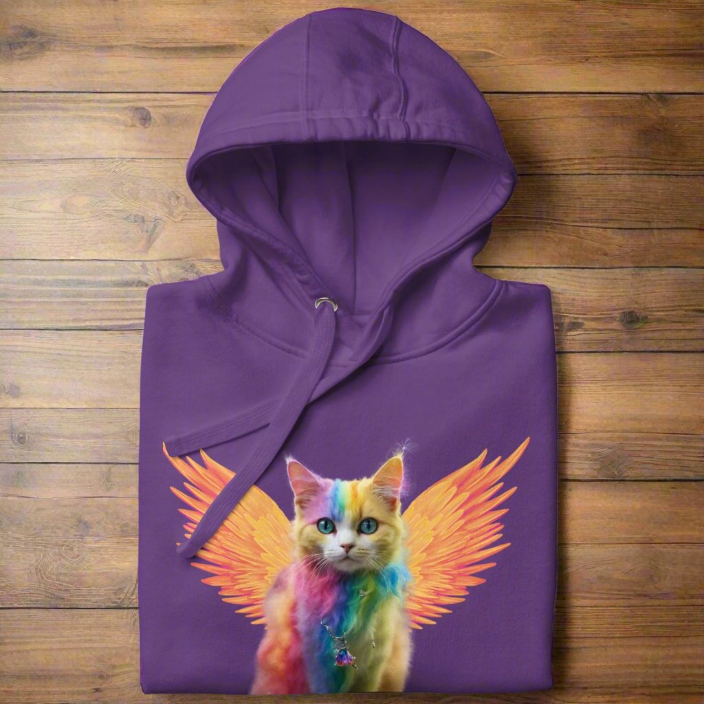 purple folded Front View women's hoodie on a wooden surface, Rainbow Colored Tie Dye Cat with bright orange gold wings. Pop Art Cat, Fantasy Art, Fairycore Cat sweatshirt gifts for cat lover and cat mom shirt, whimsical fantasy magic rainbow fairy cat