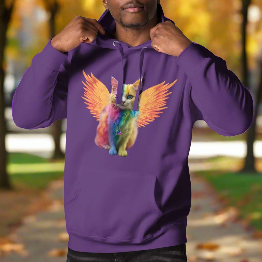 Purple Front View Men's Hoodie Rainbow Colored Tie Dye Cat with  orange gold wings. Pop Art Cat, Fantasy Art, Fairycore Cat TShirt gifts for cat lover and cat dad shirt, whimsical fantasy magic rainbow fairy cat