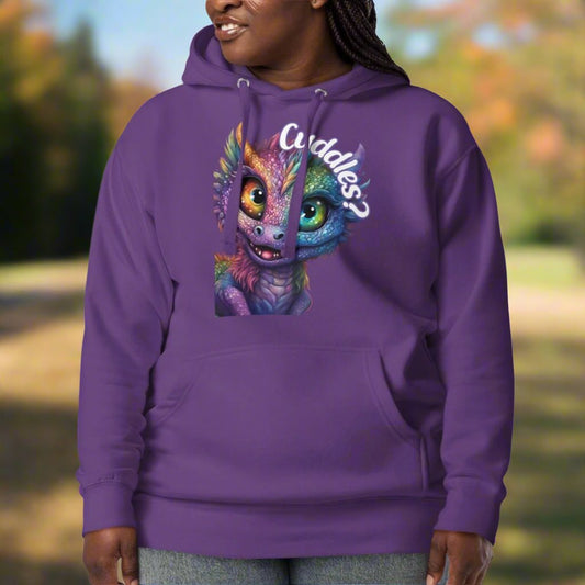 Purple Women's Hoodie Front View. Purple cross eyed baby dragon. Text above dragon circling head "Cuddles?". 