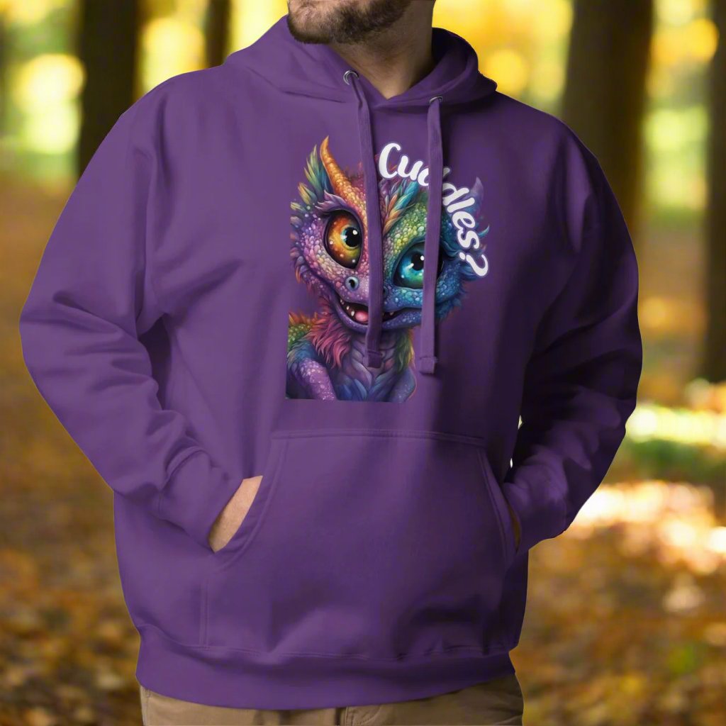 Purple Men's Hoodie Front View. Purple cross eyed baby dragon. Text above dragon circling head "Cuddles?". 