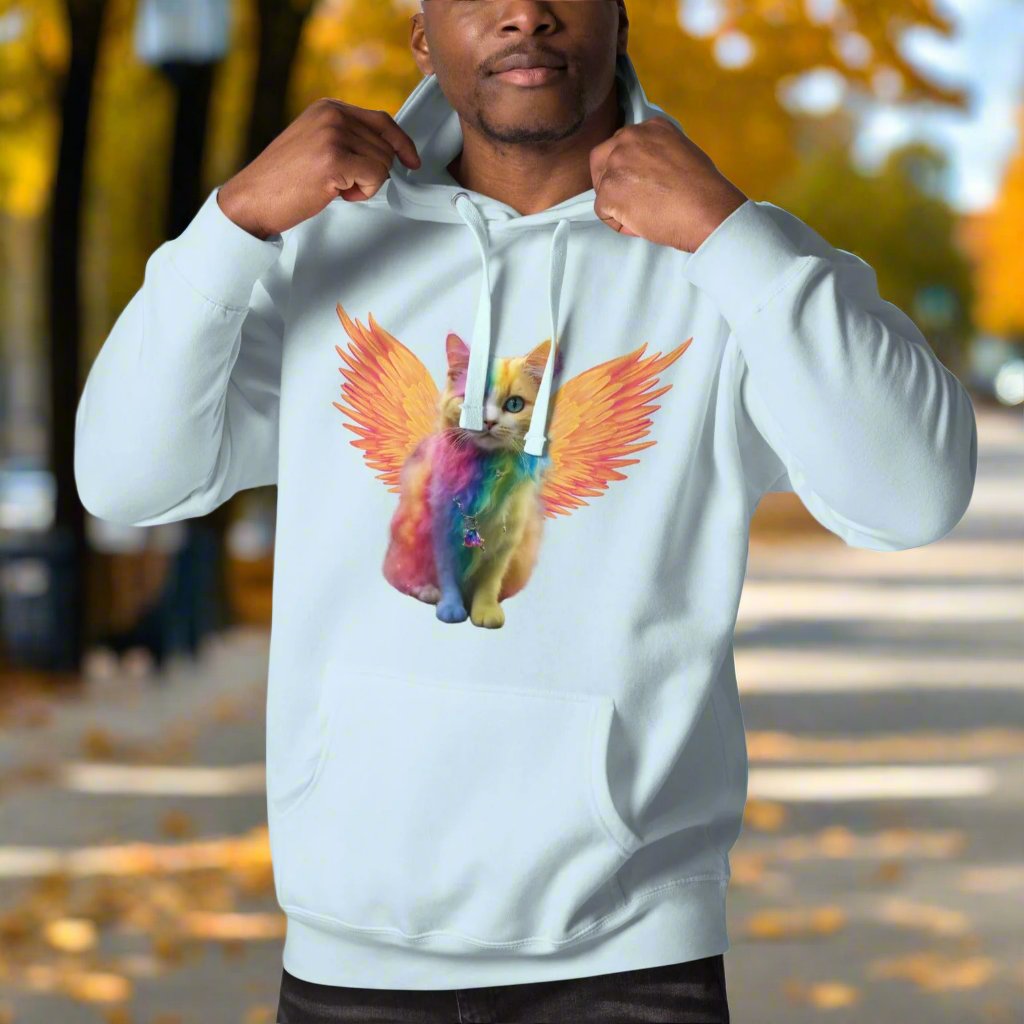 sky blue Front View Men's Hoodie Rainbow Colored Tie Dye Cat with  orange gold wings. Pop Art Cat, Fantasy Art, Fairycore Cat TShirt gifts for cat lover and cat dad shirt, whimsical fantasy magic rainbow fairy cat