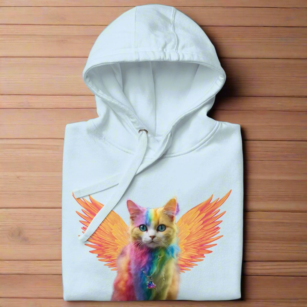 sky blue Front View Men's Hoodie folded on wooden surface,  Rainbow Colored Tie Dye Cat with  orange gold wings. Pop Art Cat, Fantasy Art, Fairycore Cat TShirt gifts for cat lover and cat dad shirt, whimsical fantasy magic rainbow fairy cat