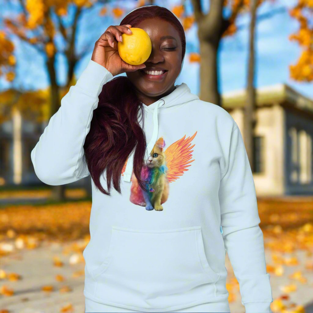 sky blue Front View women's hoodie Rainbow Colored Tie Dye Cat with bright orange gold wings. Pop Art Cat, Fantasy Art, Fairycore Cat sweatshirt gifts for cat lover and cat mom shirt, whimsical fantasy magic rainbow fairy cat