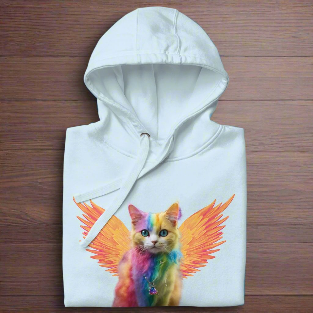 sky blue folded on wooden surface View women's hoodie Rainbow Colored Tie Dye Cat with bright orange gold wings. Pop Art Cat, Fantasy Art, Fairycore Cat sweatshirt gifts for cat lover and cat mom shirt, whimsical fantasy magic rainbow fairy cat