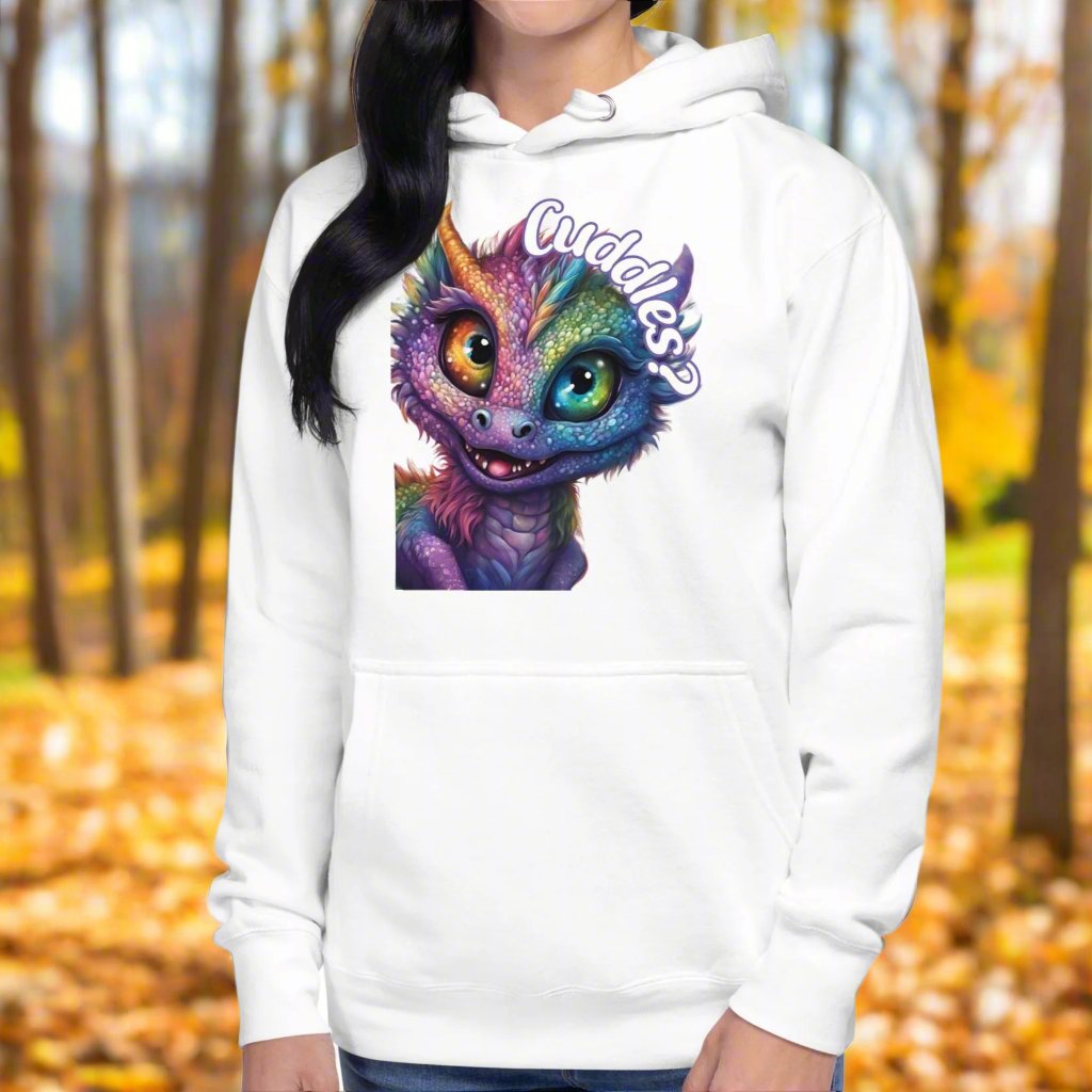 White Women's Hoodie Front View. Purple cross eyed baby dragon. Text above dragon circling head "Cuddles?". 