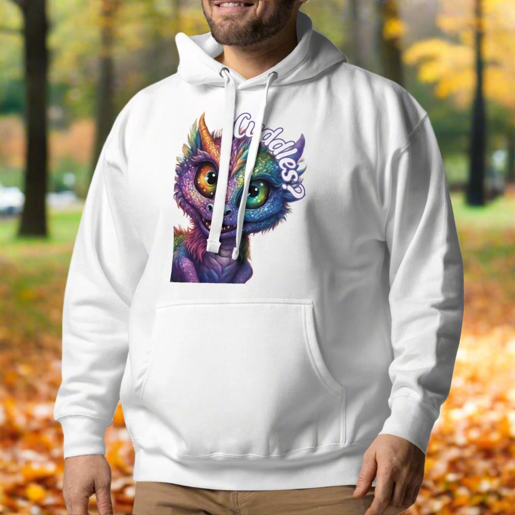 white Men's Hoodie Front View. Purple cross eyed baby dragon. Text above dragon circling head "Cuddles?". 