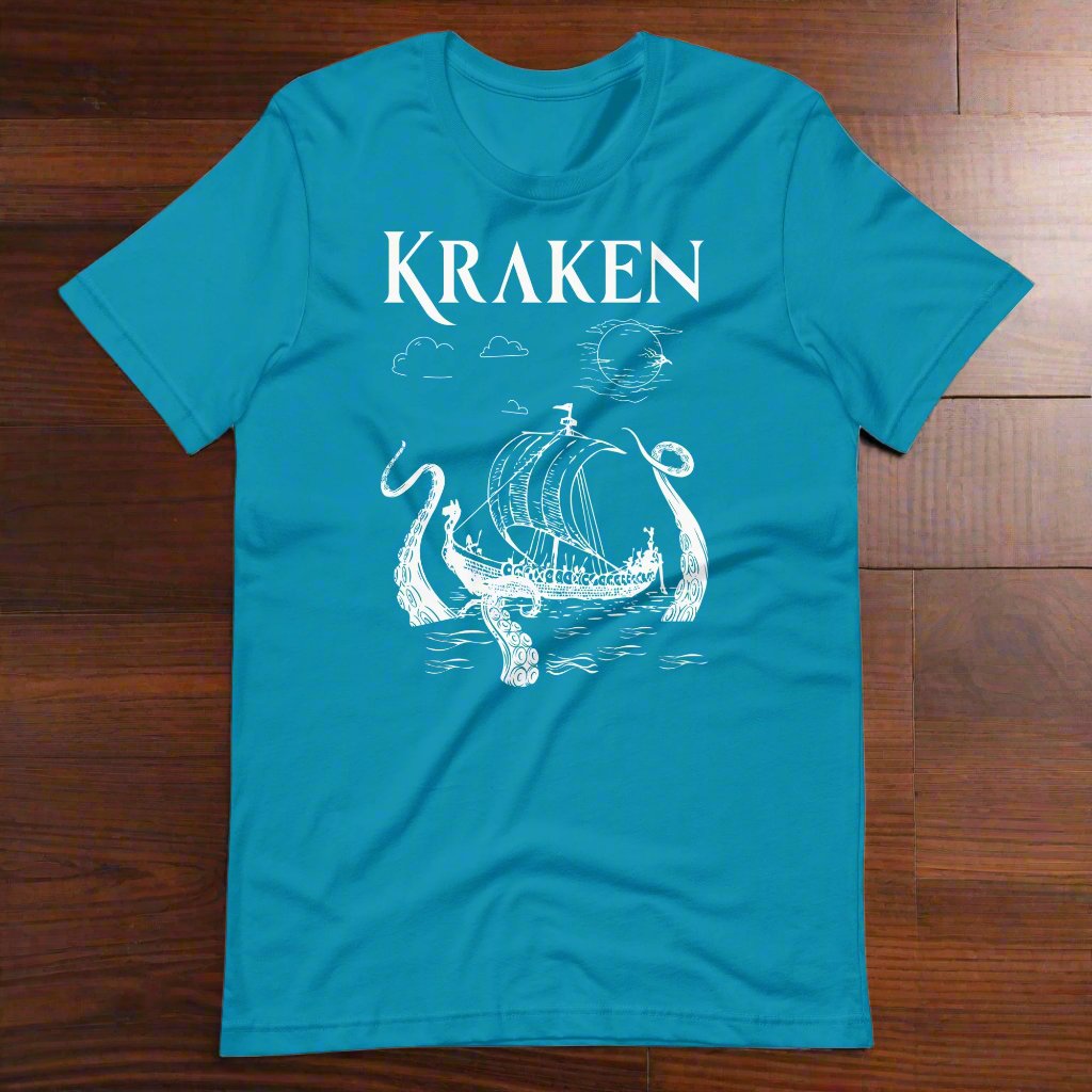 aqua Front View men's T-Shirt. Kraken, night sky, Viking long ship surrounded by tentacles in the ocean. Viking Shirt.