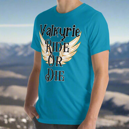 Aqua Front slight turn to right View Valkyrie Ride or Die, Men's Tshirt. White wings edged in gold spread to either side of the shirt. Through the middle is the black text edged in white. Text reads Valkyrie Ride or Die