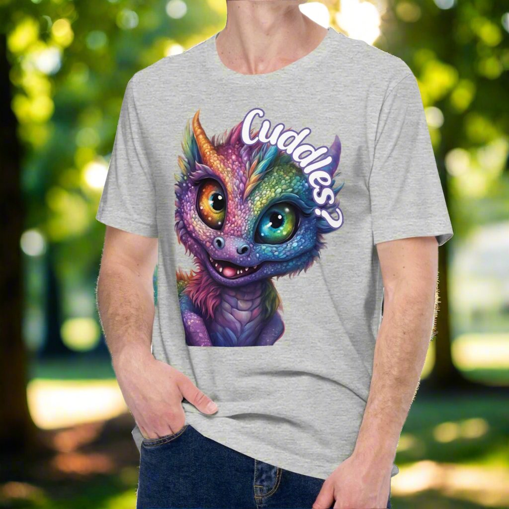 Heather grey Dragon Cuddles Front View Men's T-Shirt. Whimsical purple iridescent  dragon looking up at the word Cuddles? above his head