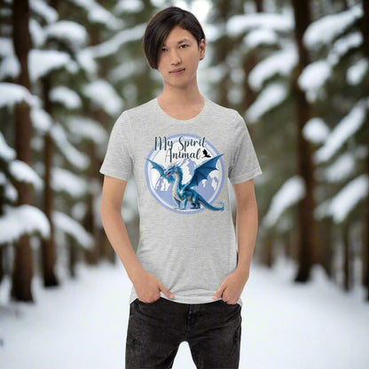 My Spirit Animal Dragon men's Graphic Tee, front view (grey) athletic heather shirt, Blue Ice Dragon with wings spread standing in front of snow capped mountain range with a dragon silhouette flying above within a blue grey circle