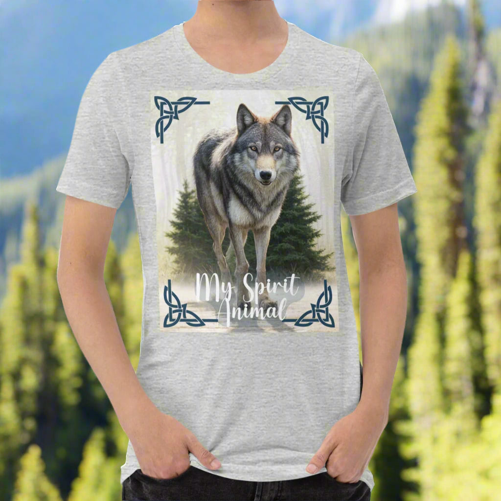 Wolf My Spirit Animal men's T-Shirt. Front view in heather athletic heather. A grey wolf gazes at you from the forest bordered in Celtic knots. Timber Wolf Graphic Tee Shamanic Totem Animal, Mythical Accessories Emporium.