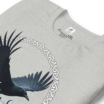 My Spirit Animal Raven Crow Men's Graphic T-Shirt, Front folded View athletic heather Tee, Raven wings spread in a Celtic Knot circle above My Spirit Animal, Mythical Accessories Emporium