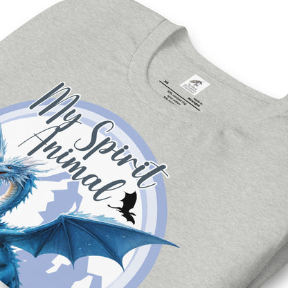 My Spirit Animal Dragon men's Graphic Tee, front view folded athletic heather (grey) shirt, Blue Ice Dragon with wings spread standing in front of snow capped mountain range with a dragon silhouette flying above within a blue grey circle