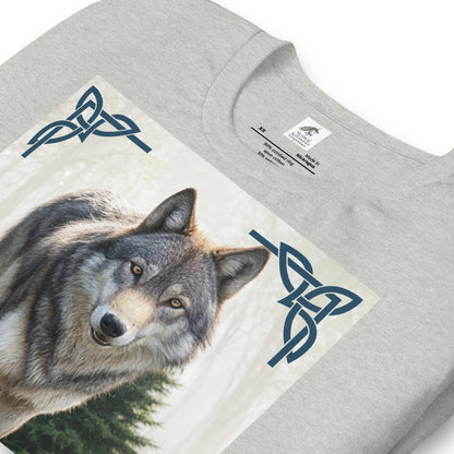 Wolf My Spirit Animal men's T-Shirt. Flat front view in athletic heather royal. A grey wolf gazes at you from the forest bordered in Celtic knots. Timber Wolf Graphic Tee Shamanic Totem Animal, Mythical Accessories Emporium.