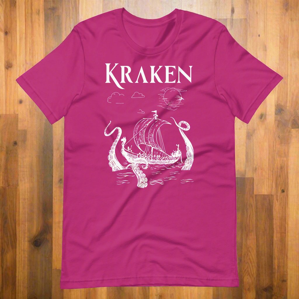 berry Front View men's T-Shirt. Kraken, night sky, Viking long ship surrounded by tentacles in the ocean. Viking Shirt.