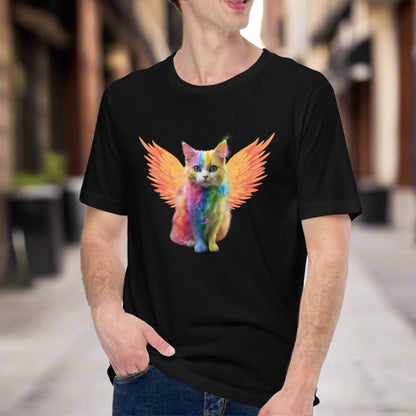 Black Front View Men's T-Shirt Rainbow Colored Tie Dye Cat with bright orange gold wings. Pop Art Cat, Fantasy Art, Fairycore Cat TShirt gifts for cat lover and cat dad shirt, whimsical fantasy magic rainbow fairy cat