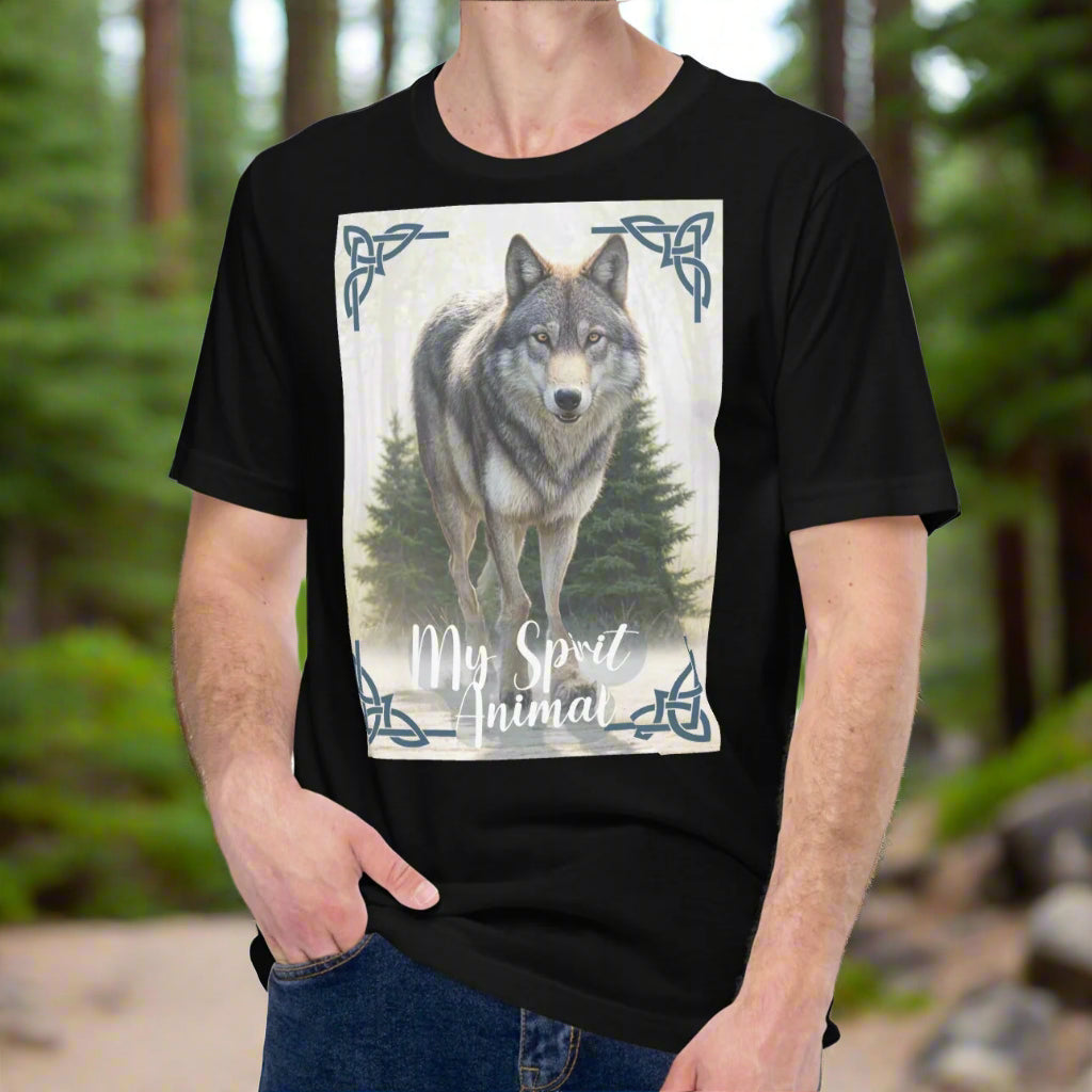 Wolf My Spirit Animal men's T-Shirt. Front view in black. A grey wolf gazes at you from the forest bordered in Celtic knots. Timber Wolf Graphic Tee Shamanic Totem Animal, Mythical Accessories Emporium.